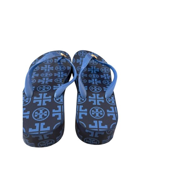 TORY BURCH Blue Gold Platform Flip Flops Sandals Size 8 - Picture 6 of 10